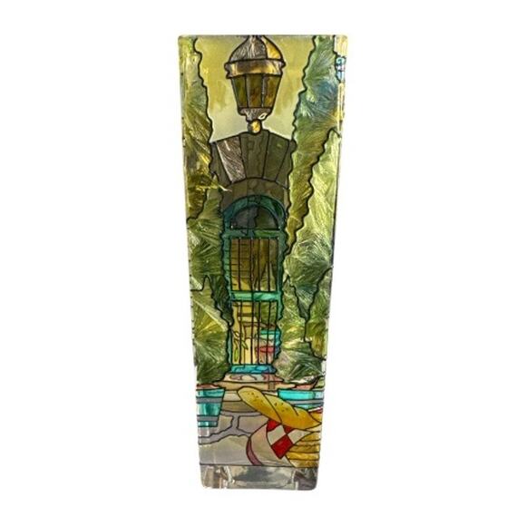 Vintage Joan Baker Stained Glass French Cafe 10”Rectangular Vase - Picture 3 of 10